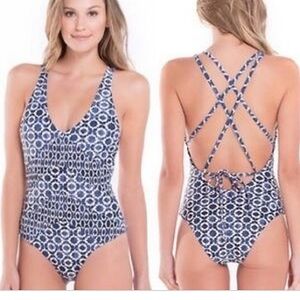 TORI PRAVER SWIMWEAR Reversible Seafoam Swimsuit Blue Mosaic Womens size S/M